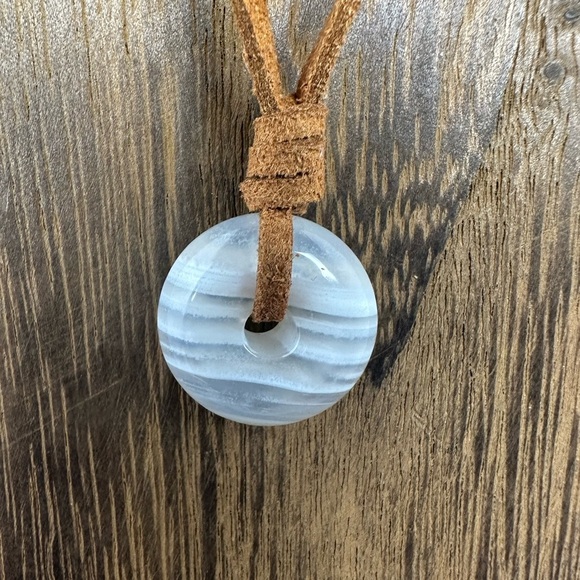 Jewelry - Small Banded White Agate Donut Pendant Necklace on Brown Suede